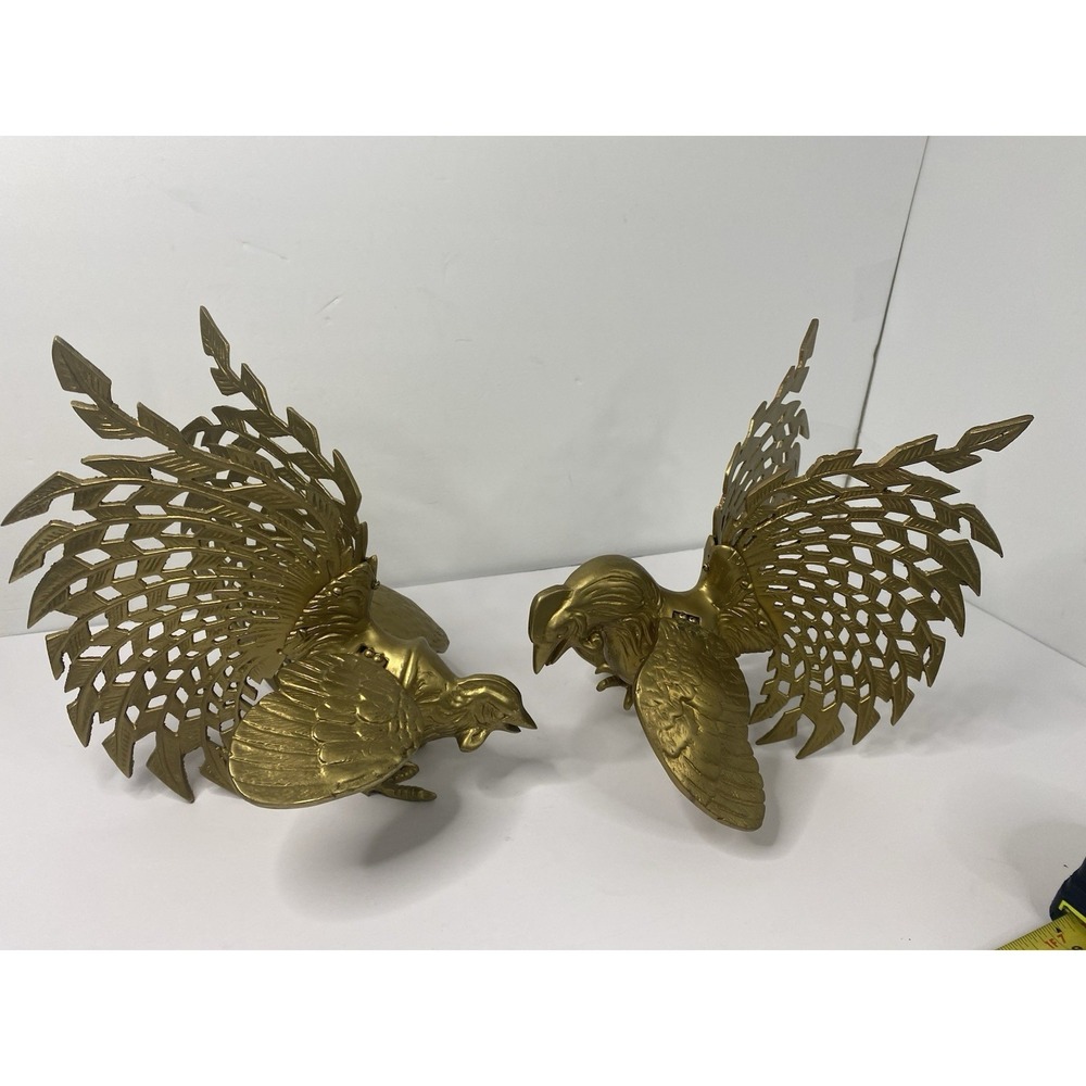Brass Heavy Metal Pair of Fighting Rooster Sculptures Animal Decor MCM Vintage